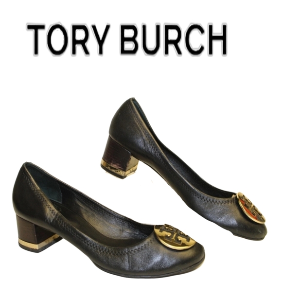 Tory Burch M Leather Golden Metal Logo & Gold Accent Low Wood Heel Pumps Shoes 8